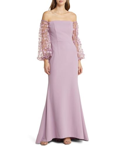Eliza J Off The Shoulder 3d Floral Sleeve Scuba Crepe Evening Dress - Purple