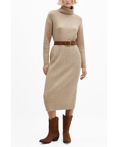 Mango Turtleneck Long Sleeve Rib Midi Sweater Dress - Natural