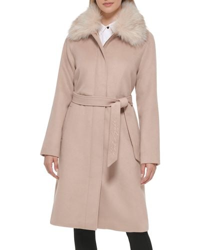 Karl Lagerfeld Luxe Belted Twill Wool Blend Coat With Removable Faux Fur Collar - Natural