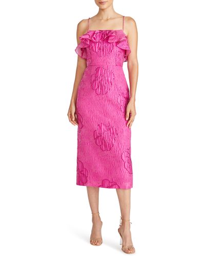 ML Monique Lhuillier Cynthia Metallic Floral Jacquard Cocktail Midi Dress - Pink