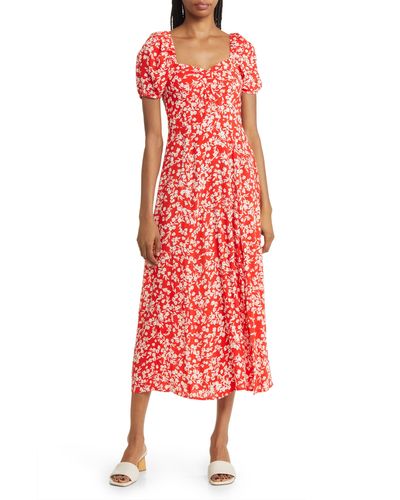 & Other Stories & Floral Puff Sleeve Midi Dress - Red