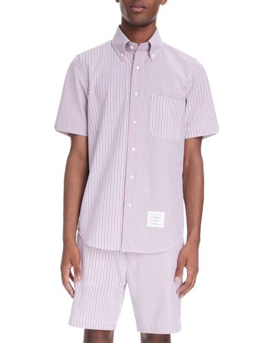 Thom Browne Straight Fit Stripe Short Sleeve Cotton Seersucker Button-down Shirt - Purple