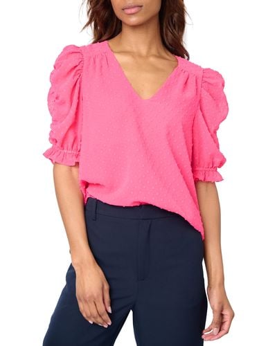 Gibsonlook Clip Dot Ruched Sleeve Chiffon Top - Red