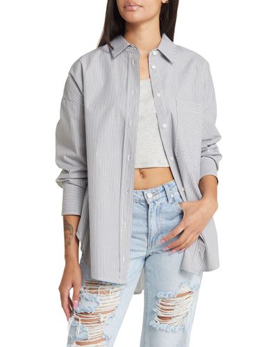 BP. Stripe Oversize Cotton Button-up Shirt - Gray