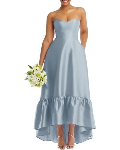 Alfred Sung Strapless Ruffle High-low Satin Gown - Blue