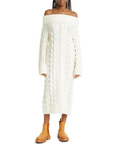 FARM Rio Pompom Cable Stitch Off The Shoulder Long Sleeve Sweater Dress - White
