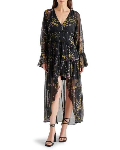 Steve Madden Sol Floral Print Long Sleeve High-low Dress - Black