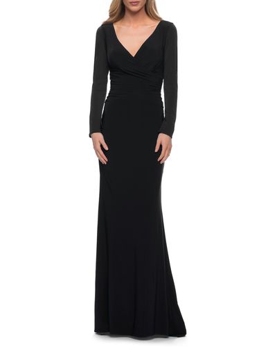 La Femme Long Sleeve Ruched Jersey Gown - Black
