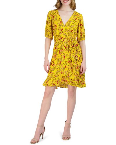 Julia Jordan Puff Sleeve Floral Faux Wrap Dress - Yellow