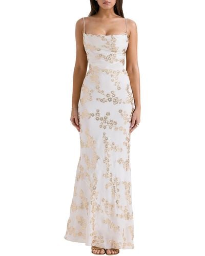House Of Cb Caprina Embroidered Floral Trumpet Gown - Metallic