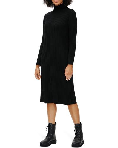 Eileen Fisher Scrunch Neck Ribbed Wool Sweater Dress - Black