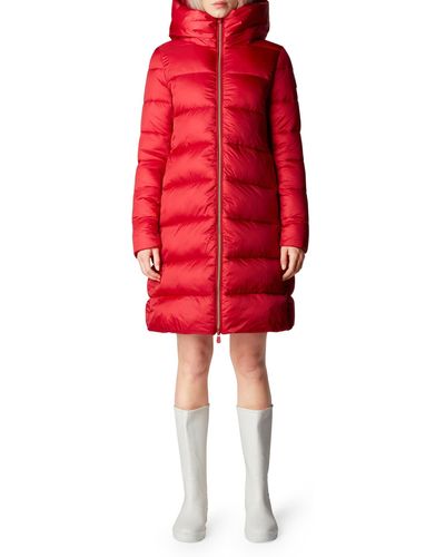 Save The Duck Lysa Quilted Hooded Longline Coat - Red