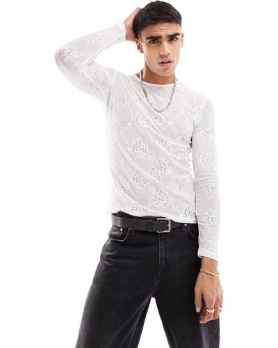 ASOS Muscle Fit Long Sleeve Lace T-shirt - White