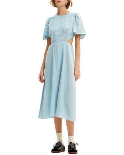 Desigual Embroidered Cutout Cotton & Linen Midi Dress - Blue