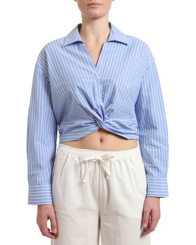 Mavi Stripe Twist Front Crop Button-up Shirt - Blue