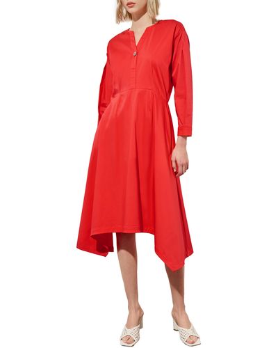 Ming Wang Long Sleeve Asymmetric Hem Cotton Blend Dress - Red