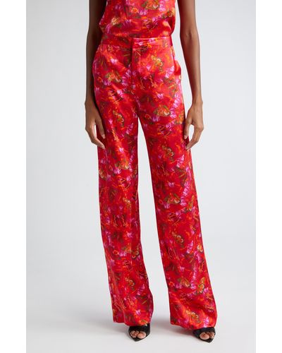 L'Agence Luvvy Butterfly Print Silk Straight Leg Pants - Red