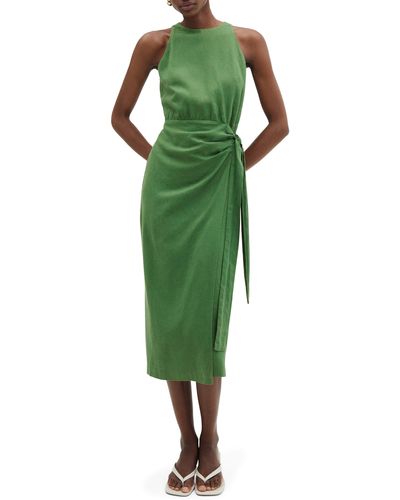 Mango Faux Wrap Linen Blend Midi Dress - Green