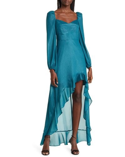 FLORET STUDIOS Cascading Ruffle Long Sleeve Satin Dress - Blue