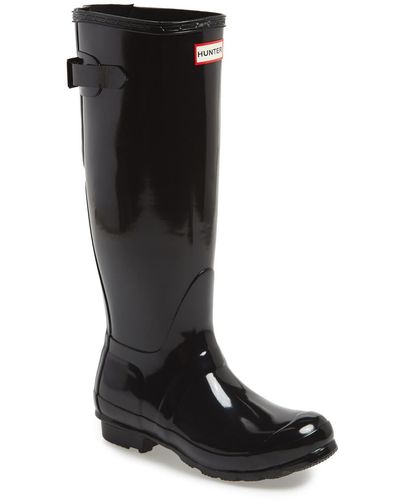 HUNTER Adjustable Back Gloss Waterproof Rain Boot - Black
