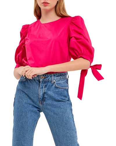 English Factory Bow Banded Puff Sleeve Blouse - Red