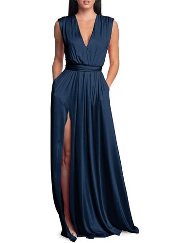 Dress the Population Krista Plunge Neck Side Slit Gown - Blue