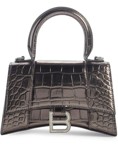 Balenciaga Extra Small Hourglass Croc Embossed Metallic Leather Top Handle Bag - Black