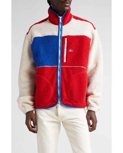 Drake's Colorblock Wool Blend Bouclé Fleece Zip Jacket - Red
