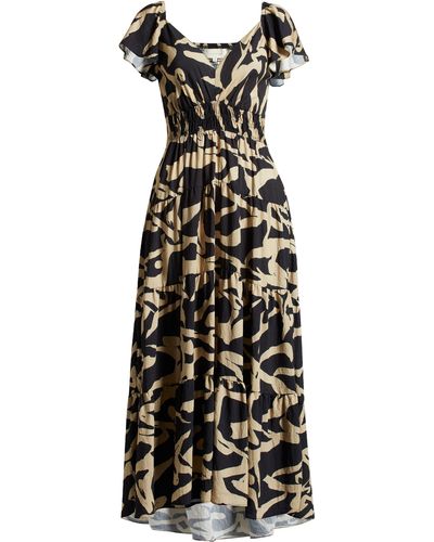 MELLODAY Printed Smocked Waist Maxi Dress - Black
