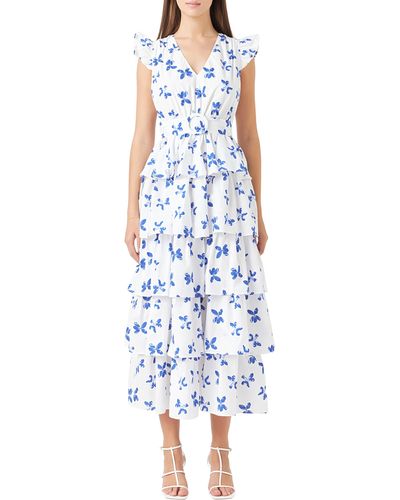 Endless Rose Floral Tiered Belted Maxi Dress - Blue