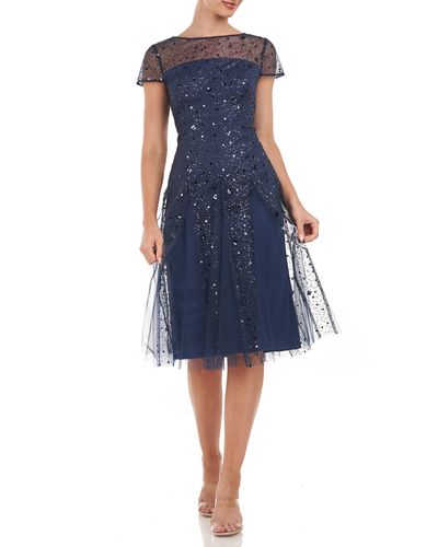 JS Collections Alyssa Godet Sequin Lace Midi Dress - Blue