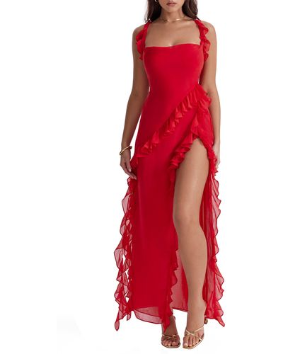 House Of Cb Ariela Ruffle Side Slit Gown - Red