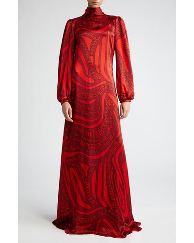 Aliétte Logo Print Long Sleeve Silk Gown - Red