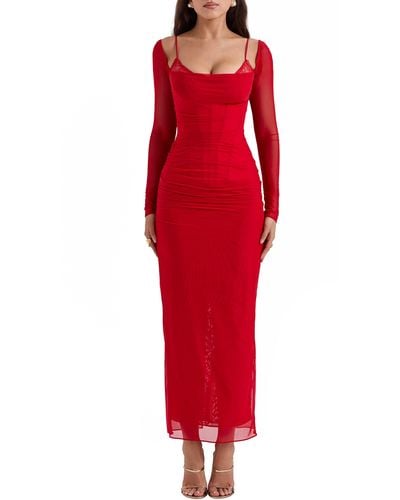 House Of Cb Katrina Lace Mesh Long Sleeve Gown - Red