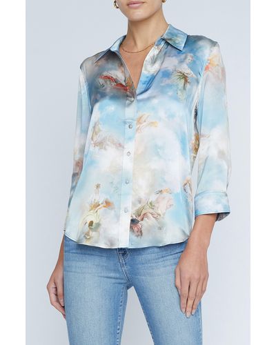 L'Agence Dani Art Print Silk Button-up Shirt - Blue