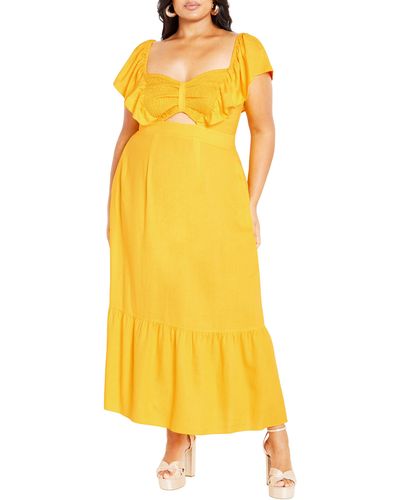 City Chic Alora Flutter Sleeve Cutout Maxi Dress - Yellow