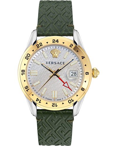 Versace Greca Time Leather Strap Watch - Metallic