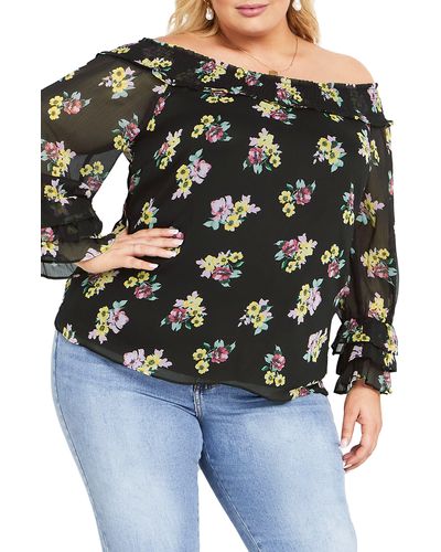 City Chic Anais Floral Off The Shoulder Long Sleeve Top - Black