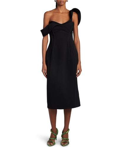 Bottega Veneta One-shoulder Bonded Wool Tricotine Midi Dress - Black