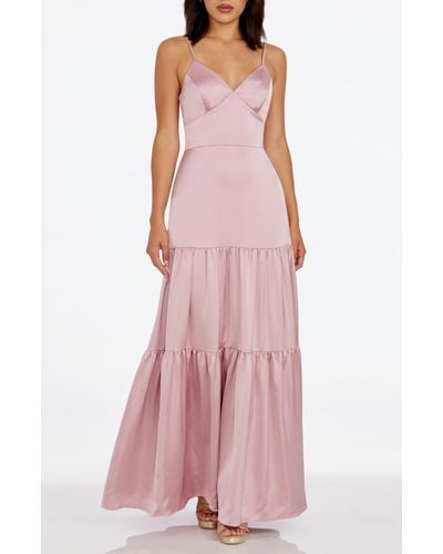 Dress the Population Tess Tiered Satin Gown - Pink