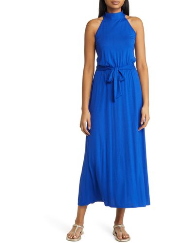 Loveappella Tie Waist Halter Maxi Dress - Blue