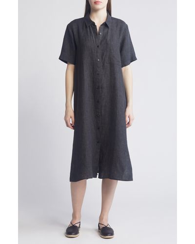 Eileen Fisher Classic Collar Organic Linen Shirtdress - Black