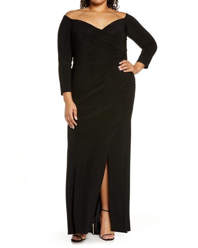 La Femme Off The Shoulder Long Sleeve Gown - Black