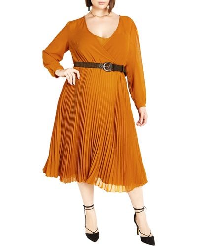 City Chic Precious Pleat Belted Long Sleeve Midi Dress - Orange