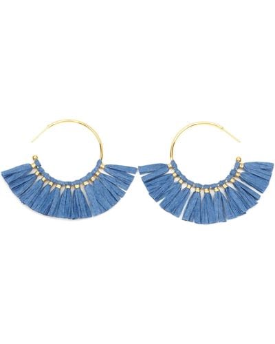 Panacea Raffia Fringe Hoop Earrings - Blue