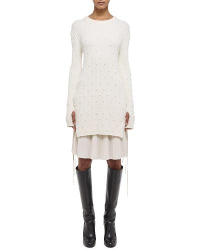 Helmut Lang Beaded Rib Long Sleeve Organic Cotton Sweater Dress - White