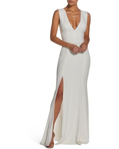 Dress the Population Sandra Plunge Crepe Trumpet Gown - White