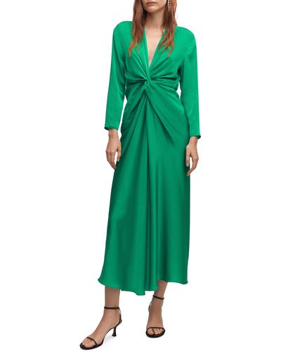 Mango Knot Long Sleeve Satin Dress - Green