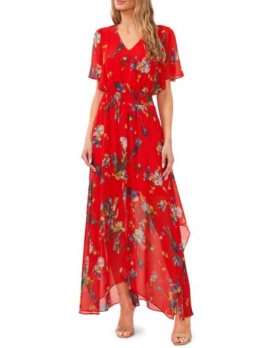 Cece Floral Handkerchief Hem Dress - Red