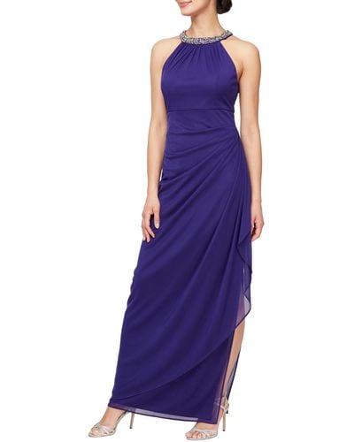 Alex Evenings Embellished Halter Ruched Column Formal Gown - Purple